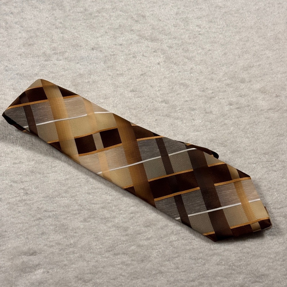 Superba‎ Mens Geometric Pattern Brown Tan Gold Polyester Necktie